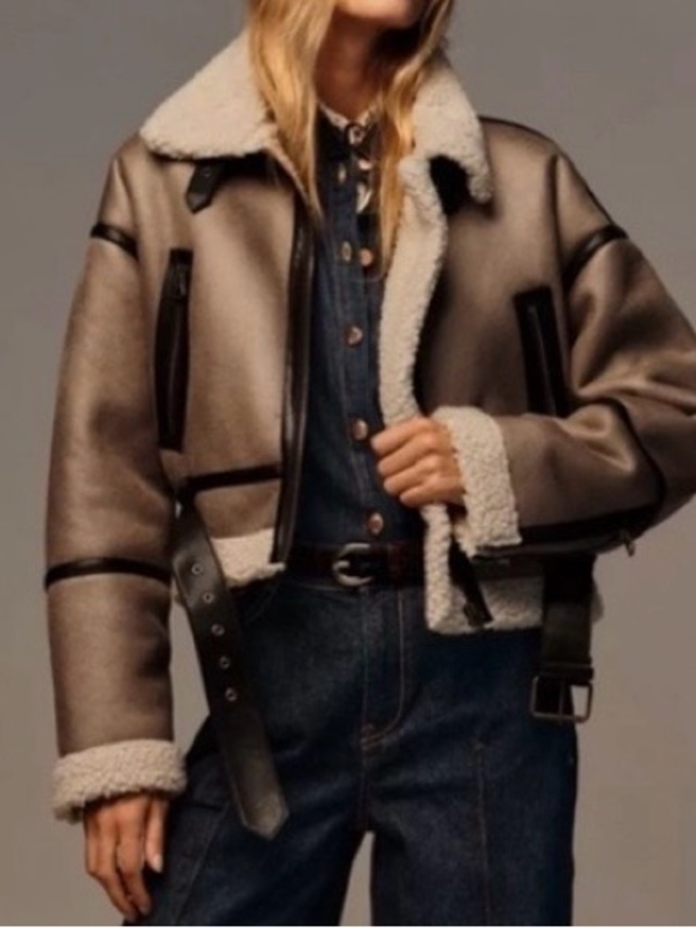 Zara Women's Shearling-Trim Aviator Jacket in Tan